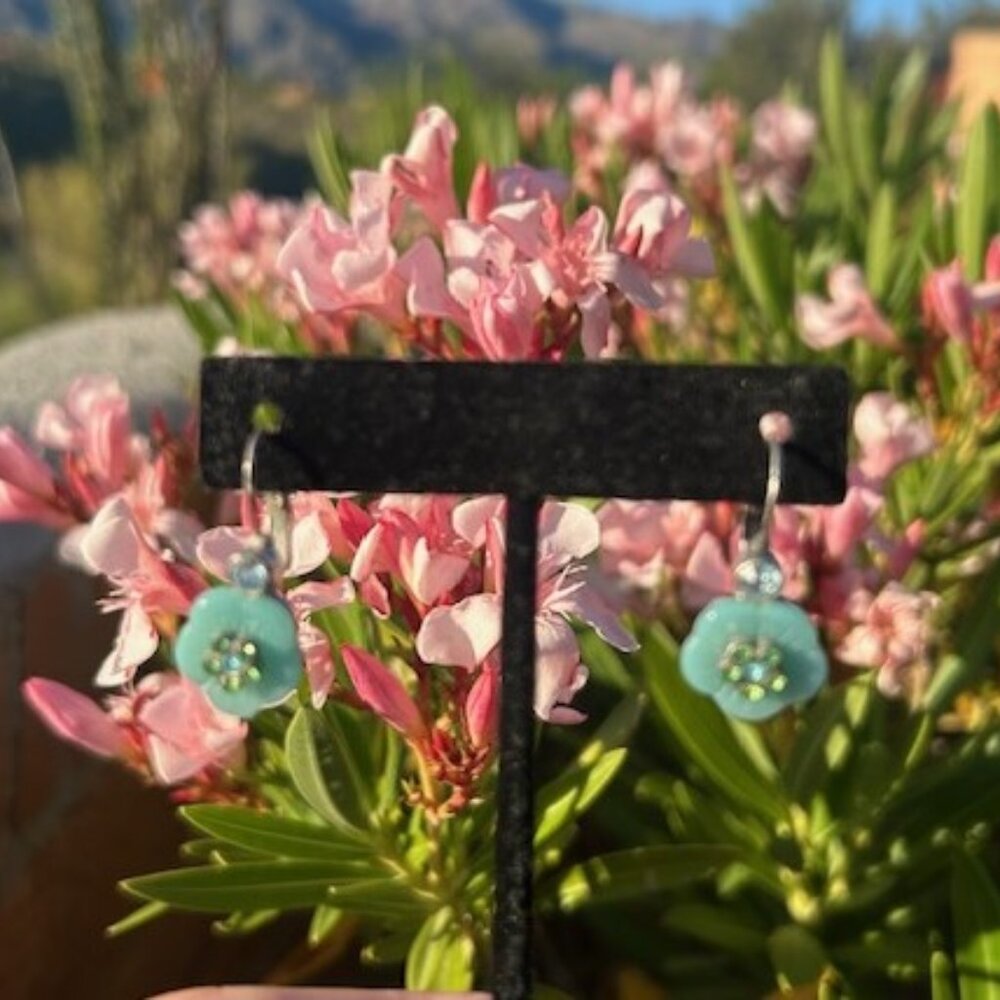 BOHM NYC Designer Blue Flower Green Rhinestone EARRINGS